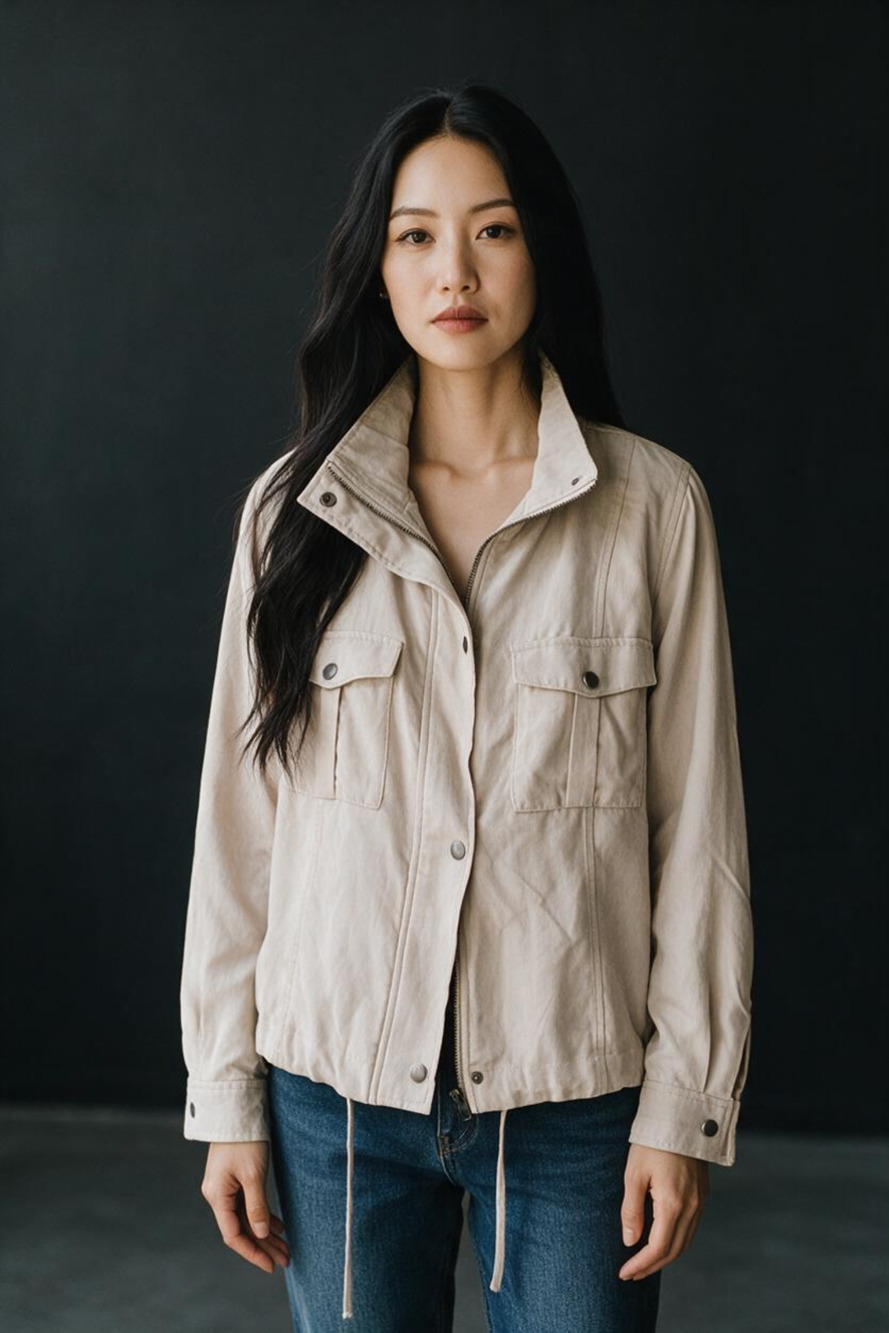 Korye Utility Jacket Size Med Beige Full Zip Mock Neck